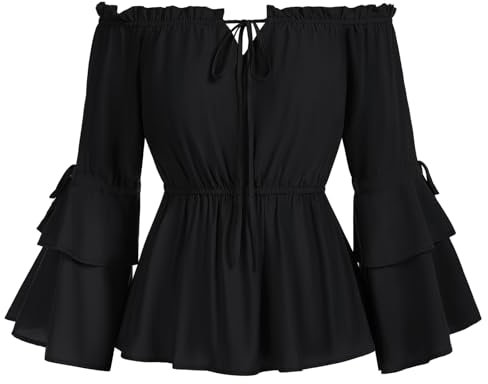 SCARLET DARKNESS Ladies 3/4 Long Sleeve Tops Women Black Medieval Gothic Blouses Crew Neck Off The Shoulder Elastic Waist Peplum Top L