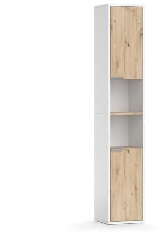 Vicco Meuble de Rangement de Salle de Bain Henri, Blanc, 30 x 165 cm avec Portes, et Compartiments Ouverts