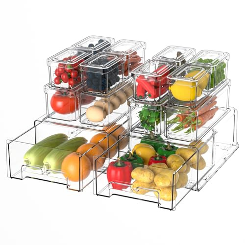 damynuo 14 Pack Clear Stackable Pull Out Refrigerator Organizer Bins with Drawers