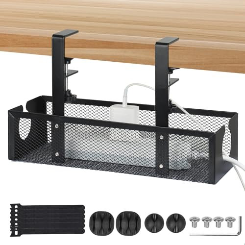 BEZORR Bandeja de gestión de cables debajo del escritorio, bandeja de gestión de cables, organizador de cables de metal de 34 cm para adaptador de corriente, cables, soporte de alambre sin taladro con