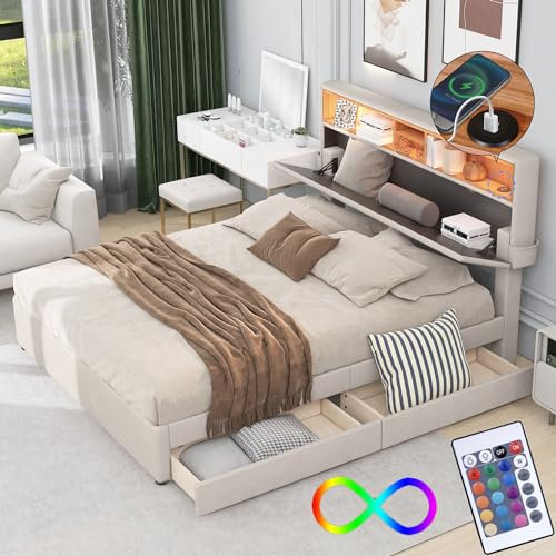 Bgsryao Lit Double 140x200 avec Sommier LED et USB, Tête de Lit Réglable et 2 Tiroirs, Lit Capitonné Cadre de lit 140x200 (sans Matelas) - Gris/Beige