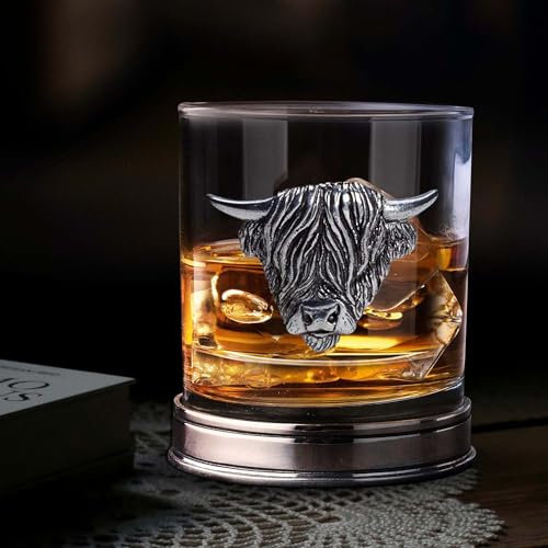 BRAW CLANS TARTANS Whisky Glass with Handcrafted Pewter Base and Highland Cow Design Design - Handmade Crystal, Apt for Single Malt, Presented in Gift Box, Iconic Touchmark, Set of 2