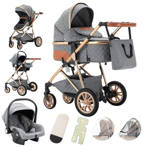 Gcarebb Passeggino 3 in 1, Passeggini Cittadine Con Seggiolino Auto, Passeggino con manubrio regolabile in altezza, Passeggini Combinato Paesaggio Alto Telaio in Alluminio Per Neonato 0-3 anni