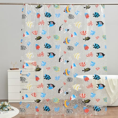 TZTZBO Rideau de douche transparent avec motif poissons tropicaux, 198,1 x 182,9 cm (L x l) - Imperméable et léger - PEVA - Long rideau de douche tendance avec 12 œillets et crochets pour baignoire et