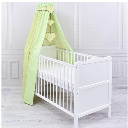 Generisch Baby Delux Babybett Himmel Betthimmel Baumwolle Baldachin für Babybett Kinderbett Wiege Stubenwagen Himmelstange Applikationen Herz Deko (Karro Grün, ohne Himmelstange)