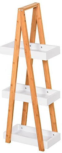 kleankin Scaffale Salvaspazio da Bagno in MDF e Bambù, Forma a Piramide con 3 Mensole, Color Legno e Bianco, 30x18x81cm
