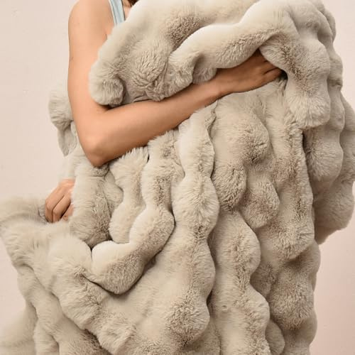 PHF Luxuriöse Decke aus Kaninchenfell, Doppelgröße, ultraweich, flauschig, Plüsch, gemütlich, warm, Blasendecke für Bett, Couch, Stuhl, Sofa, dekorativ, dick, wendbar, geeignet für Herbst und Winter