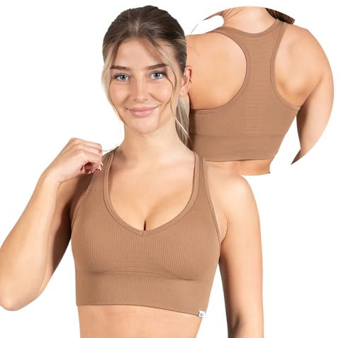 SMILODOX Sport BH Damen Amaze Pro - Blickdicht rutschfest Sport Bra - Seamless Gerippter Stoff Crop Top - Atmungsaktive Yoga Tank Top für Fitness & Gym, Größe:XS, Color:Hellbraun