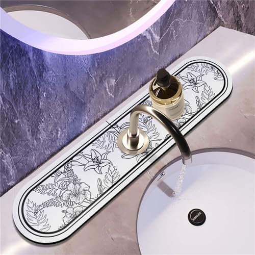 Morbuy Tapis de Robinet Diatomite, Tapis Absorbant pour Robinet de Cuisine, Tapis Égouttoir Évier Robinet Séchage Rapide Attrape-Éclaboussures de Robinet Antidérapant (14x60cm,Plantes)