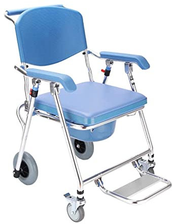 Toilettenrollstuhl - Klappbarer Toilettenstuhl - Duschstuhl mit Rädern - Rollstuhl 4 in 1 gepolsterter Toilettensitz - mit abnehmbarem Topf und klappbarem Pedal - für ältere Behind