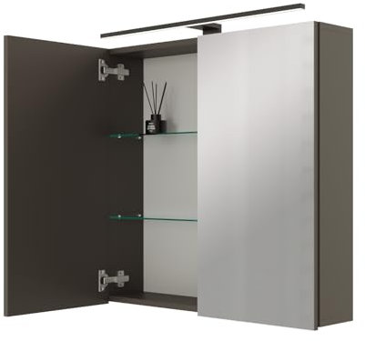 Planetmöbel ARIA Spiegelschrank Bad mit Beleuchtung 70 cm breit | Badschrank hängend mit Spiegel | Anthrazit, mit Leuchte und Steckdose, Spiegelschrank Gäste WC 70 x 70 x 16 cm