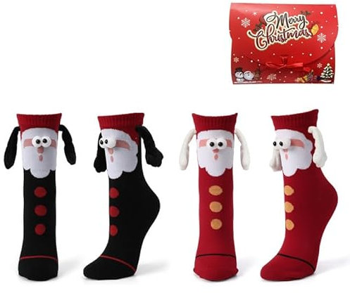 Shujin 2 Paar Weihnachtssocken mit magnetarmen Unisex 3D Puppes Paar Socken,Hand in Hand Socken Magnet Freundschaftssocken mit H?nden Lustige Magnetische Christmas Socks,Schwarz+Rot Nikolaus