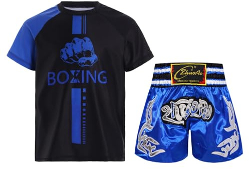 Enfant Garçon Short de Boxe et T-Shirt Ensemble Boxe Muay Thai MMA Kick Boxing Tenue Sport A Bleu 7-8 Ans