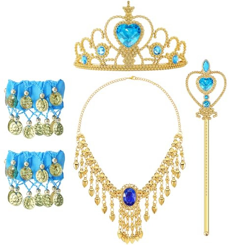 G.C Deguisement Jasmine Accessoire Princesse Fille avec Collier Couronne Princesse Bracelet, Princesse Dress up Accessoires Déguisement Jasmine Fille pour Cosplay Carnaval Anniversaire Halloween