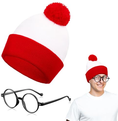 BBTO Karnevalszubehör Rot Weiß Bommelmütze & Retro Runde Brillen Nerdbrille für Kostüm Halloween Karneval Cosplay Party Accessoires