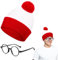 BBTO Karnevalszubehör Rot Weiß Bommelmütze & Retro Runde Brillen Nerdbrille für Kostüm Halloween Karneval Cosplay Party Accessoires