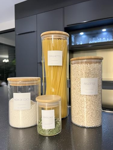 Étiquettes Minimalistes Autocollantes – Lot de 48 – Résistantes au Lave-Vaisselle – Format Carré 5×5 cm – Fabriqué en Bretagne – Personnalisables dès 1 € – Pour Bocaux Alimentaires Pate,Farine,Sucre..