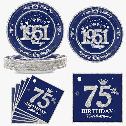 algpty 60 PCS Vintage 75th Birthday Plates and Napkins Set, 75th Birthday Decorations Blue and Silver, Service for 30, 1950 Birthday Dessert Plates and Napkins Party Supplies for Men Women