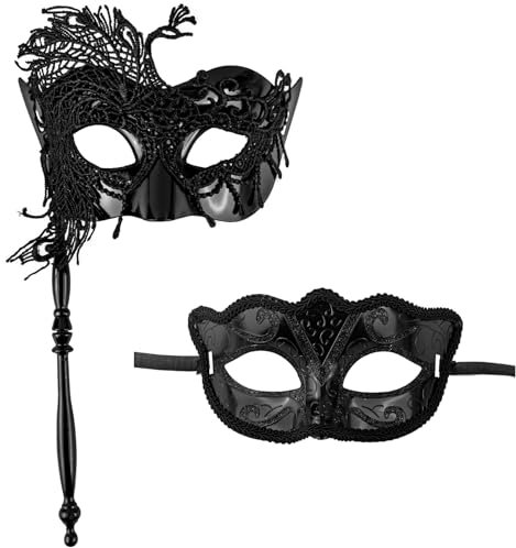 GWAWG 2 Pièces Masque Vénitien,Masque Vénitien Couple,plastique avec bord en dentelle,Masque Soiree Bal Masqué,masques de style vénitien,masque de bal masqué pour Homme Femme (Avec un bâton)