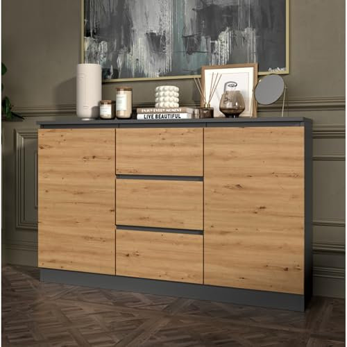 Home Collective Kommode, Schlafzimmer Flur, Schrank, Sideboard, Highboard mit 3 Schubladen und 2 Türen, Breite 120 cm Höhe 75 | Anthrazit Artisan