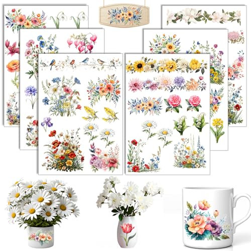 Rub On Sticker Blumen, 6 Stück A5 Rub On Aufkleber, Rub On Folie Transferaufkleber, für Möbel, Glas, Holz, Scrapbooking, DIY Basteln Deko (Blumen)