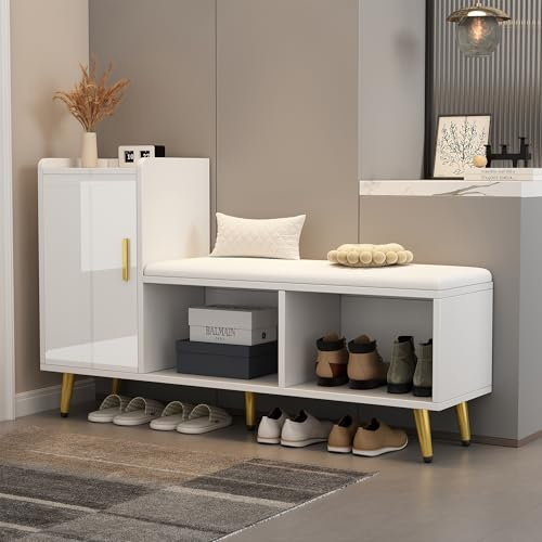 Merax Schuhschrank mit Sitzbank, Schuhbank mit Stauraum, Weiße Hochglanz-Schranktür, gepolsterter Sitz, Weiß, B120/T35/H71.5 cm