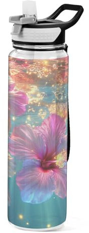 Mnsruu Hibiskusblumen-Unterwasser-Wasserflasche mit leuchtenden Lichtern, auslaufsicher, BPA-frei, Tritan-Trinkflasche, Sport-Trinkflasche für Männer, Frauen, Kinder, 1 l
