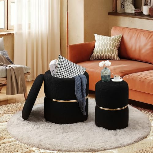 Ckaff 2er Set Hocker mit Stauraum, Sitzhocker mit Stauraum Schminkhocker, Pouf Ottoman Polsterhocker Rund Bouclé Teddy Stoff Fußhocker mit Stauraum für Schminktisch Schlafzimmer Wohnzimmer, Schwarz