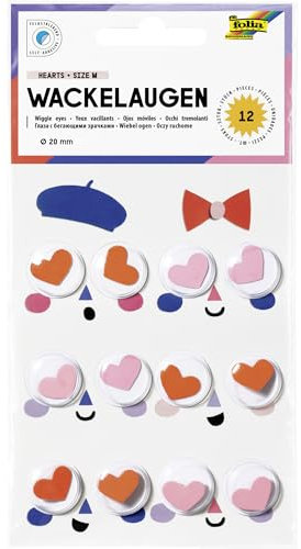 folia 750120 - Wackelaugen HEARTS SIZE M, 12 herzförmige Kulleraugen in Orange und Rosa, Ø 2 cm, aus Kunststoff, selbstklebend, zum Verzieren und Dekorieren