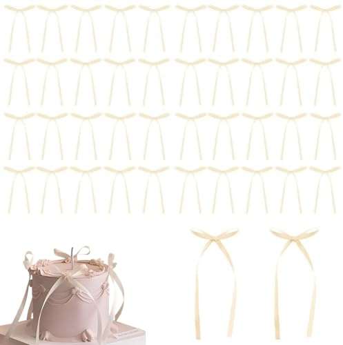 Raheem 40pcs Reusable Bow Cake Toppers - Non-Edible Decorative Bows for Fondant & Buttercream Cakes, Baby Showers, Weddings, Birthday Parties, Secure Attachment Design (White)