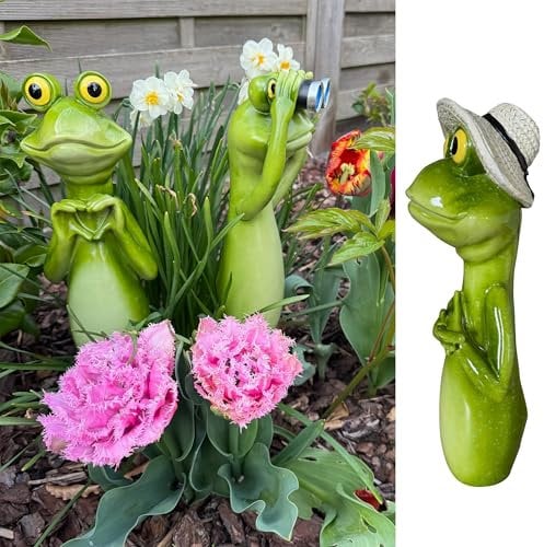 Online Fuchs Gartenstecker, Beetstecker Froschhals, Kopf - lustige Deko Gartenfiguren für Sträucher, Hecken und Blumen - Frosch, 30 cm groß - wetterfest (Frosch mit Strohhut)
