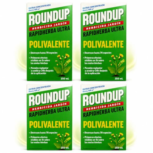 PACK x4 ROUNDUP Herbicida para todo tipo de malas hierbas cubre hasta 108 m2 | 4 Envases de 250ml | Formula Concentrada | Efectos en 1 hora | Elimina hasta 70 especies de hierbas/musgo | Nexum Market