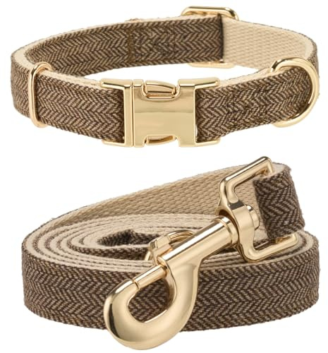 YUDOTE Hundehalsband und Leine Set Mittel, Weiche Reizfreie natürlicher Baumwolle mit Twillgewebe für Hund mit empfindlicher Haut, Graubraun
