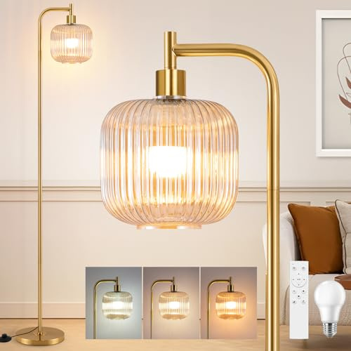 Vloitgol Retro LED Stehlampe Dimmbar, 160cm Vintage Stehlampe Wohnzimmer Mit Bernstein Glaslampenschirm, Fußschalter, Fernbedienung, 2700K-6500K, Moderne Stehlampen für Wohnzimmer Schlafzimmer Büro