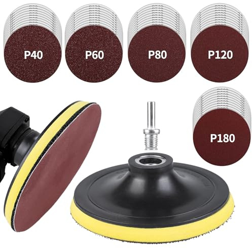 Lot de 50 disques abrasifs 125 mm avec bande et tige M14 pour meuleuse d'angle, disques abrasifs avec grain 40/60/80/120/180 pour bois, métal et polissage de voiture
