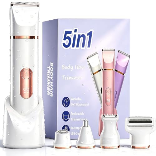 XkuiHF 5-in-1 Rasierer Damen, Elektrisch Intimrasierer für Frauen, Bikini Trimmer Damen für Körper Intimbereich mit LED-Anzeige, IPX7 wasserdicht Wiederaufladbar USB-Ladestation, nass & trocken (Weiß)