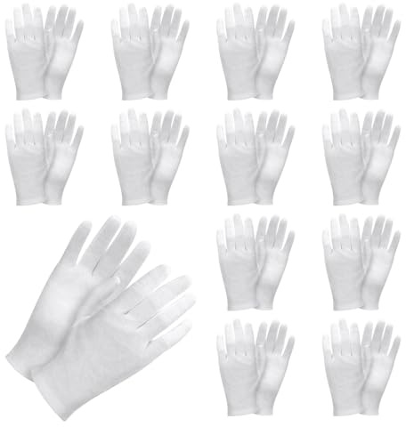 Nadiaen 24 Pcs White Cotton Gloves,12 Pairs for Eczema & Dry Hands Coin Handling and Jewelry Inspection, Stretchable Breathable Cloth (L)