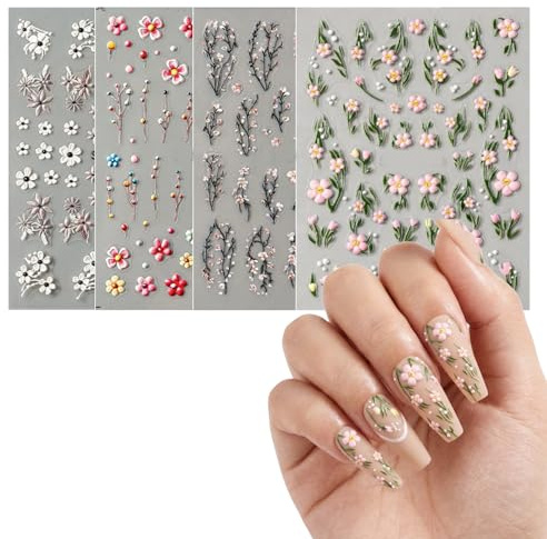 THXFUNAREA 4D Nail Art Sticker Set Blumen & Zweige, 4 Bögen 3D Nagelsticker Frühling, Selbstklebende Nail Stickers für Gel Nägel, French Design, Maniküre Dekoration für Zuhause Salon