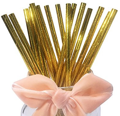 Biologisch Abbaubar Gold Metallic Papier Strohhalme, 100 Stück Golden Volltonfarbe Party Cocktail Einweg Trinkhalme für Party Dekoration Geburtstag Hochzeit