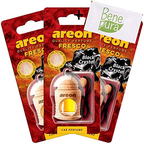 AREON Auto-Lufterfrischer Parfüm Fresco 4 ml - Schwarzer Kristall - Hängende Flasche Diffusor mit Echtholzdeckel, langlebig, Set von 3