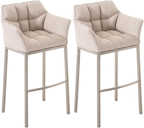 CLP Barhocker Damaso Stoffbezug I Gepolsterter Barstuhl mit Metallgestell und Rückenlehne, Farbe:Elfenbein, Gestell Farbe:Edelstahl