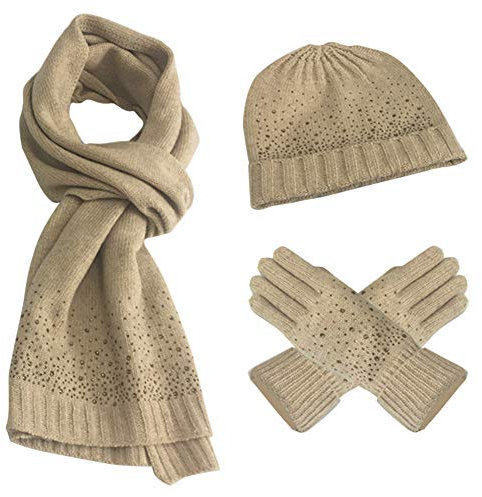 FEOYA Set Mütze Schal Handschuhe Winter Beheizte Anti Kälte Winddicht Motorrad Fahrrad Sport für Damen Herren, Hellbraun, Einheitsgröße