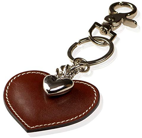 Schlüsselanhänger mit Herz aus Leder und ein Schmuck Herz aus Metall mit Karabiner Schlüsselband für Auto Geschenke für Frauen Männer Valentinstag Geburtstag Muttertag Made in Italy (Braun)