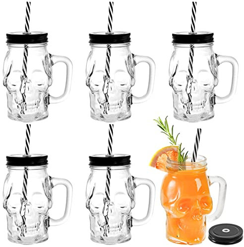 TOPZEA Confezione da 6 barattoli in vetro con manico, da 453,6 ml, con teschio e cannucce, bicchieri da birra con cannucce, pub bar, per bevande, liquori, bevande fredde