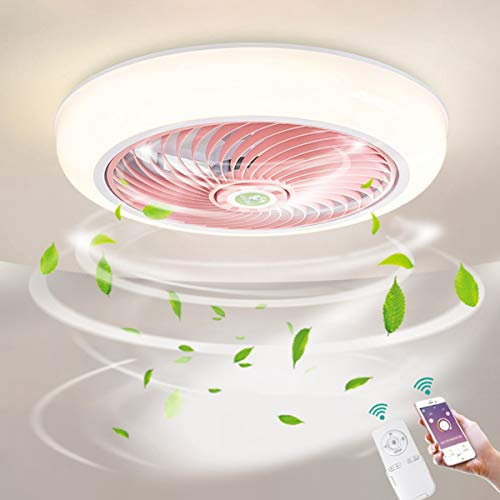 OMGPFR Ø46cm Atténuation Ventilateur de plafond avec éclairage LED 36W Dimmable Plafonniers avec télécommande et APP, Lumière du ventilateur pour Salon Chambre Bureau, Abat-jour en acrylique,Rose