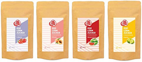 Popcornzucker 4er Set aus Wassermelone | Erdbeere | Pfirsich | Limette jeweils 200g Zucker Aroma perfekt geeignet für Zuckerwatte und Popcorn zum zubereiten Zuhause Süßes Premium Zuckeraroma