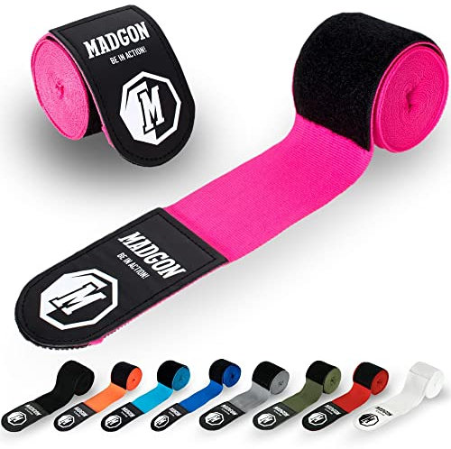 MADGON Boxbandagen in 3m 3,8m 4,5m für Männer und Frauen - Bandagen Boxen für Kickboxen, MMA, Boxer & Sparring mit Beutel - pink