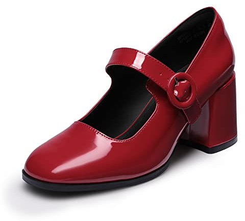 DREAM PAIRS Scarpe Mary Jane Donna con Tacco Grosso da Donna Décolleté Eleganti con Tacco Alto Classico Décolleté in PU Nero,Size 41,Rosso Brillante,SDPU2232W