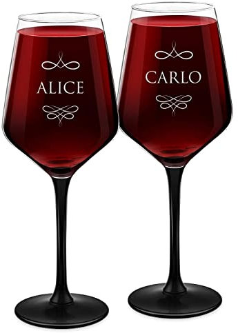 Maverton 2 Calici da vino Rubino - incisione personalizzata - 300 ml - con gambo nero - pensiero speciale per nozze - adatti per vino secco e dolce - unici per coppia - nomi