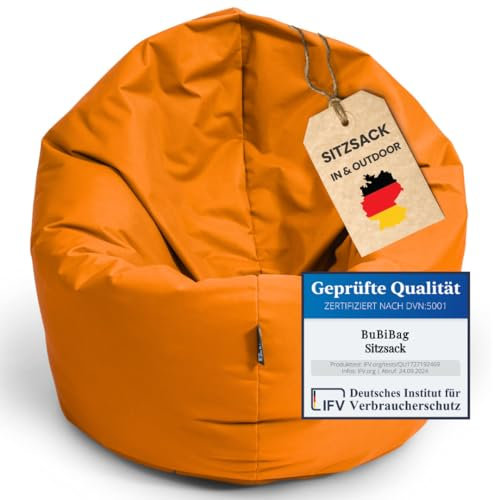 BuBiBag Sitzsack für Kinder und Jugendliche - geeignet als Bodenkissen, Sitzkissen oder als Gaming Sitzsack, geliefert mit Füllung (70 cm Durchmesser, Orange)